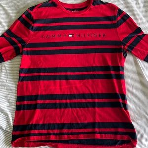 Red with Navy blue striped Tommy Hilfiger Long sleeve shirt (Mens medium)